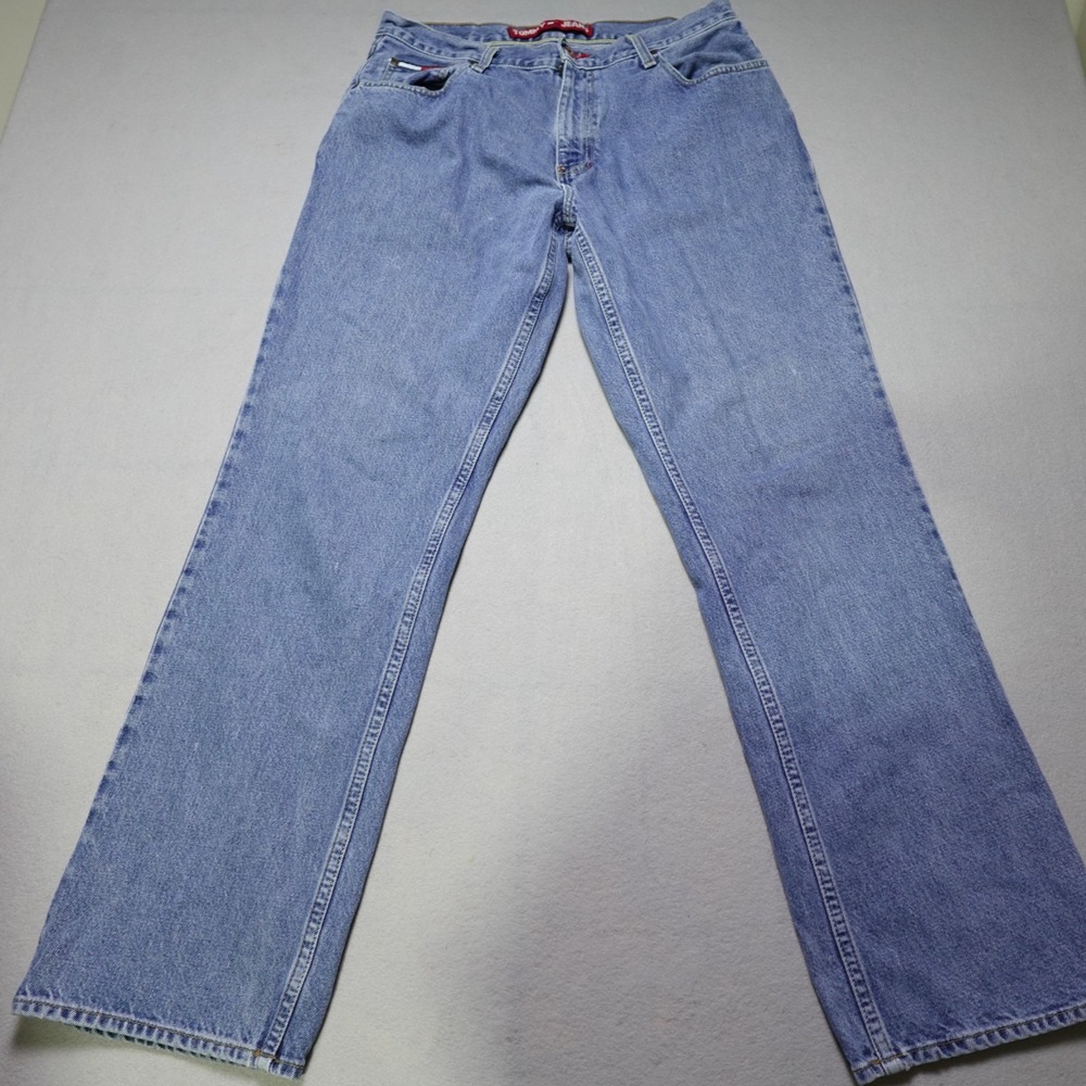 Vintage Tommy Hilfiger Jeans Mens 34x32 Blue Straight Medium Wash Flag Patch Y2K